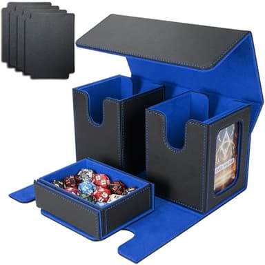 AFIING MTG Commander Card Storage Box - Fits 200 Double Sleeved Cards,3-in-1Card Deck Case,Strong Magnet Card Organizer For Magic Commander TCG CCG,4Dividers &2 Toploaders, Black/Blue - Image 1