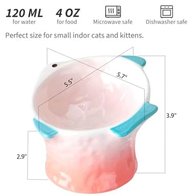 EubooTree Ceramic Raised Cat Food Bowl, Shallow & Tilted, Anti Vomiting and Whisker Fatigue, Non-Slip, Cute Fish Shape Cat Feeding Bowls for Dry and Wet Food, for Kitten, Pink/Blue, 2-Pack - Image 2