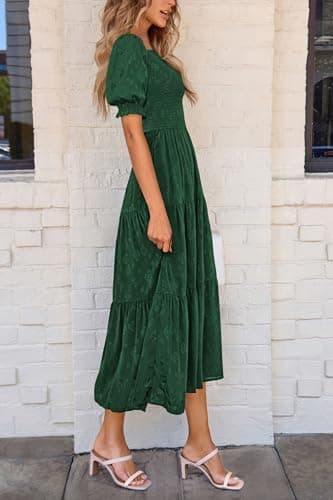 PRETTYGARDEN Women's 2025 Summer Casual Midi Dresses Square Neck Short Sleeve Smocked A Line Floral Flowy Elegant Boho Dress (Dark Green,Large) - Image 6