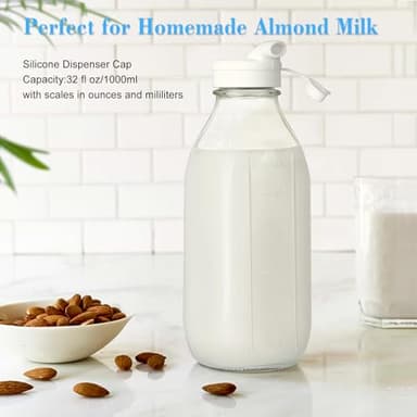 Liter Glass Milk Bottles w Scale, 100% Airtight Heavy Duty Screw Lid - 4 Pack 32 Oz Drinking Jars w Lids - Glass Bottles for Milk, Honey, Jam - Dishwasher Safe(Extra 2 Lids and 1 Pour Spout) - Image 6