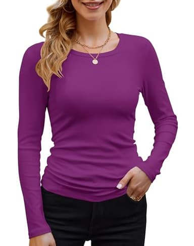 GEMBERA Womens Ribbed Long Sleeve Crewneck Casual Slim Basic Shirts Fitted Knit Tops(3922,Purple-XL) - Image 1