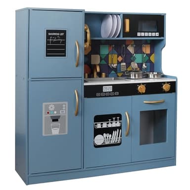 TOUCH US Wooden Play Kitchen Toy Set with Light, Kids Children Pretend Toy Kitchen Playset, Sink Play Toy Oven with Microwave,Toddler Cooking Set Toy for Ages 3+ Baby Girls Boys (Blue) - Image 9