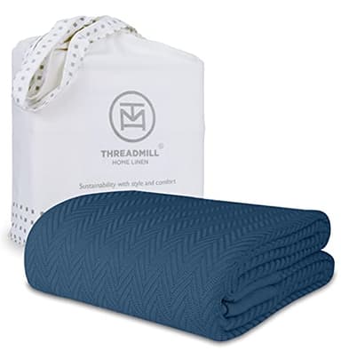 Threadmill Luxury Cotton Blankets for King Size Bed | All-Season Cozy 100% Cotton King Size Blanket | Herringbone Soft Fall Thermal Blanket fits Cal King Size Bed | Folkstone Blue - Image 1