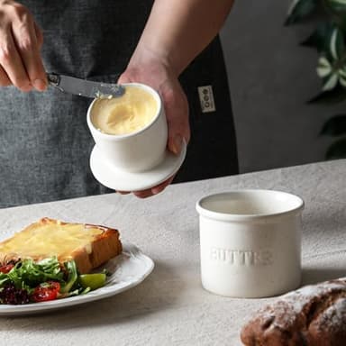 Butter Crock with Lid for Countertop - Ceramic French Butter Dish for Spreadable Soft Butter, Butter Container Holder with a Water Seal, Housewarming Gift, Kitchen and Home Decor, Speckled White - Image 4