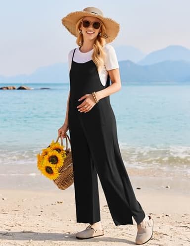 Ekouaer Womens Causal Sleeveless Jumpsuits Summer Boho Wide Leg Floral Rompers Overalls with Pockets Black L - Image 5