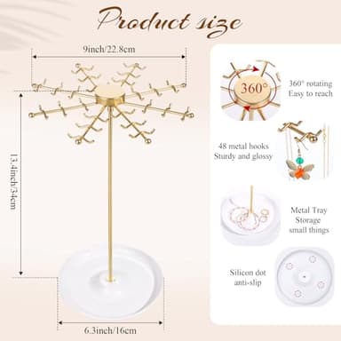PABOBIT Rotating Necklace Holder Jewelry Stand, Gold Necklace Organizer Display with 48 W-shaped Hooks,Jewelry Organizer for Necklaces Earrings Rings Storage Tree, Presents for Women - Image 3