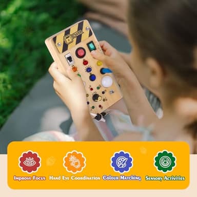 Montessori Wooden Busy Board with 8 LED Light switches, Sensory Toys Light Switch Travel Toys for 1+ Year Old Baby and Toddler - Image 5