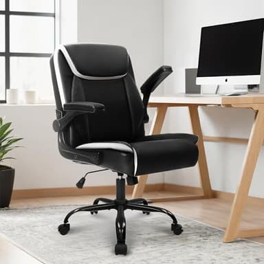 NEO CHAIR Office Desk Computer Chair Ergonomic Executive Mid-Back Leather Gaming Chair with Adjustable Flip-Up Armrests Wheels Swivel for Home Study Task (Black) - Image 2
