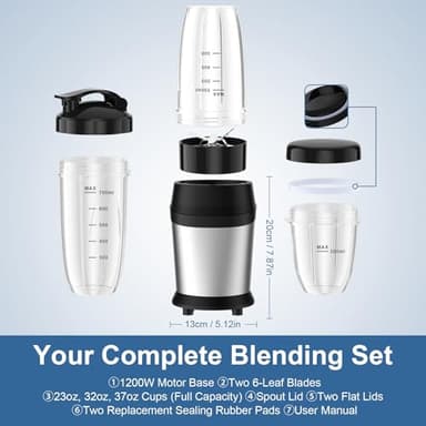 Colarlemo 12-Piece Smoothie Blender Maker 25,000 RPM Personal Blender for Ice Crushing Smoothies & Frozen Drinks Nuts with 23oz, 32oz, 37oz Portable Cups Two 6-Leaf Stainless Steel Blades, Silver - Image 7