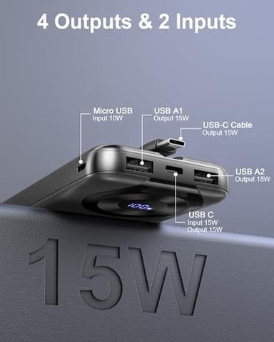 Hosgubo Power Bank 10000mAh, Portable Charger with Built in Cable 5V/3A High-Speed Charging, 4 Output 2 Input LED Display Slim Powerbank for iPhone 15/14/13, Galaxy S23/22, Tablet and etc - Image 3