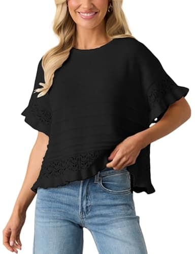 Yeokou Womens Short Sleeve Sweater Round Neck Ruffled Hem Knit Crochet Pullover Summer Fall Casual Top Blouse(Black-L) - Image 1
