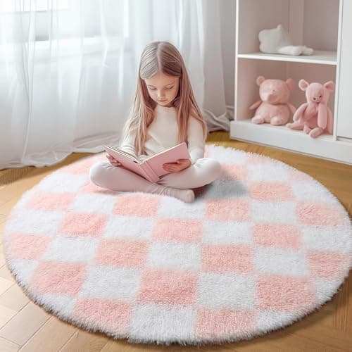 KICMOR Pink Round Rug 4ft for Girls Bedroom, Fluffy Soft Circle Area Rug Cute Small Living Room Carpet, Indoor Fuzzy Shag Shaggy Checkered Circular Rugs for Kids Room Nursery Home Decor Aesthetic - Image 1