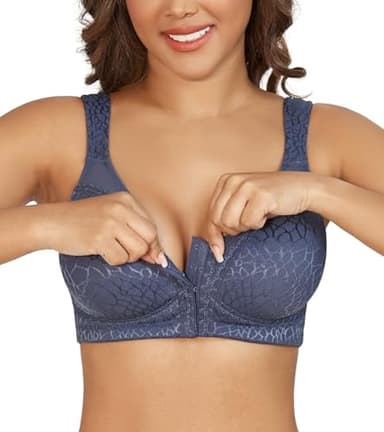 DotVol Women's Full Figure Front Closure Wirefree Jacquard Back Support Posture Bra(Grey Blue,42DD) - Image 5