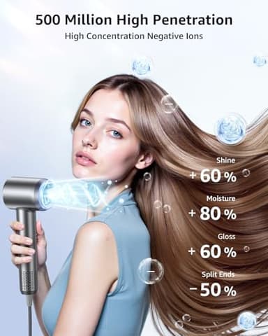 Hair Dryer, 160000 RPM High-Speed Ionic Blow Dryer Portable Professional Lightweight Hair Dryers with 200 Million Negative Ions, Fast-Drying, Quiet Hair Dryer with Nozzle for Home, Salon, Travel - Image 5