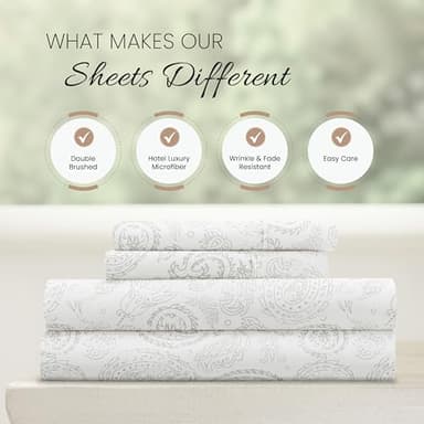 Linen Market Double-Brushed Patterned Microfiber Queen Sheet Set 4 Piece – Oeko-TEX Certified Ultra Soft & Wrinkle-Free - 16" Deep Pocket Sheets - Easy Care Queen Size - Coarse Paisley Light Gray - Image 4
