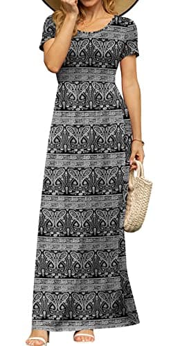DB MOON Womens 2025 Summer Maxi Dresses Casual Short Sleeve & Pockets Empire Waist Long Dress for Beach Party XL, Black Floral - Image 4