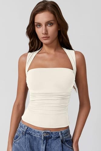 QINSEN Square Neck Tops for Women Summer Side Ruched Double Lined Slim Fit Going Out Crop Top Beige S - Image 4