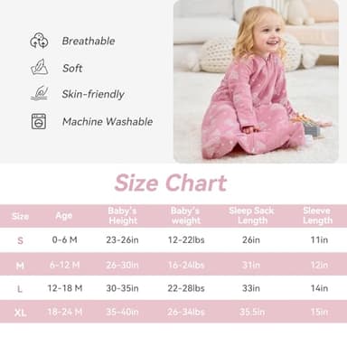 FIEMOL Baby Sleep Sack 18-24 Months, Long Sleeve Baby Wearable Blanket 0.5 Tog with Mittens, 2-Way Zipper Toddler Cotton Sleeping Sack for Boy and Girl Pink Rainbow 2 Pack(XLarge) - Image 4