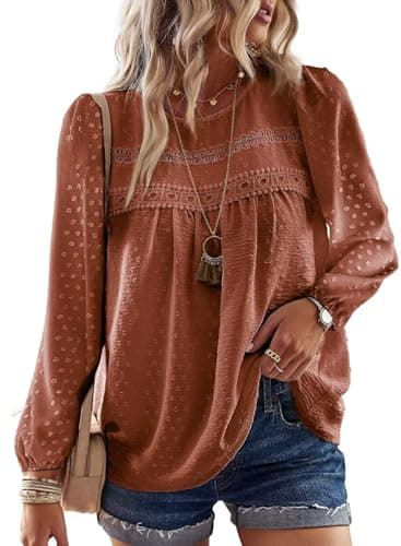 Falechay Tunic Tops to Wear with Leggings Bohemian Women's Tunic Tops Lace Crochet Orange Shirts for Women Crew Neck Long Sleeve Women's Blouses L - Image 1