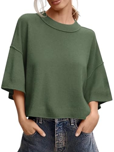 Saodimallsu Womens Short Sleeve Sweater Summer Oversized Cropped Sweaters Casual Crewneck Lightweight Knit Tops Army Green - Image 1