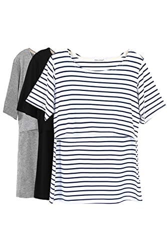 Smallshow 3 Pcs Maternity Nursing T-Shirt Nursing Tops White Stripe-Black-Grey X-Large - Image 1