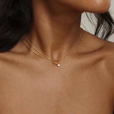 Tewiky Dainty Layered 14K Gold Plated Cubic Zirconia Necklace for Women, Simple Solitaire Pendant Chain Choker Necklaces Set Cute CZ Trendys Gold Jewelry Gift - Image 8
