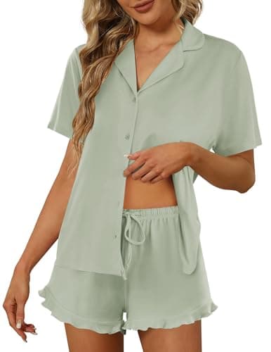 Ekouaer Pajamas Set for Women Short Sleeve Sleepwear Button Down Pjs Lounge Sets Soft Nightwear Aqua Green Medium - Image 1