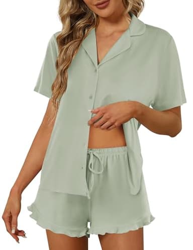 Ekouaer Pajamas Set for Women Short Sleeve Sleepwear Button Down Pjs Lounge Sets Soft Nightwear Aqua Green Medium - Image 1
