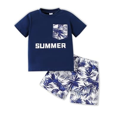 Klyatpxoen 3 4 T Toddler Baby Boy Summer Clothing Set Short Sleeve T Shirt Top Shorts 2 Pcs Beach Outfits Set Blue (3-4T) - Image 1