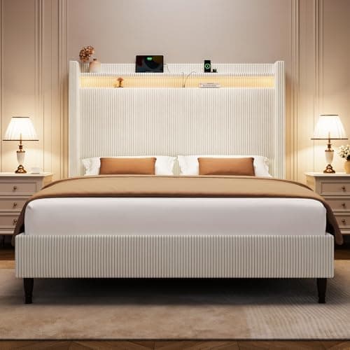Queen Bed Frame with Tall Headboard, 55.3" Upholstered Platform Bed Frame with LED Lights & Charging Station, Elegant Corduroy Bed Frames/Wingback Headboard, No Box Spring Needed,Easy Assembly, Cream - Image 1