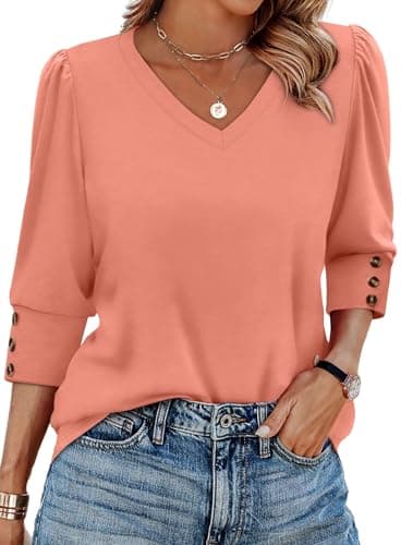 XIEERDUO Womens Blouses 3/4 Length Sleeve Summer Tops V Neck Shirts Casual Business Work Blouses Shirts Fall Fashion Outfits Clothes 2025 A-Coral M - Image 1