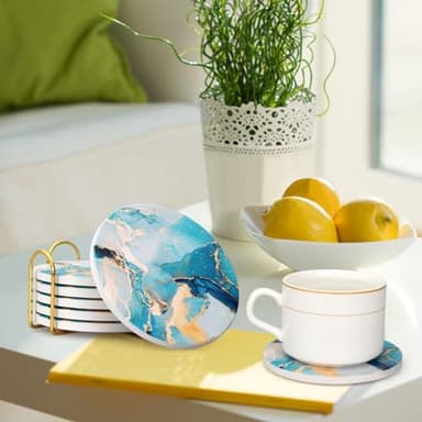 6 Pcs Light Blue Marble Abstract Ceramic Coasters with Holder Best Round Drink Absorbent Coasters for Desk, Lounge, Coffee, Wine, Beverage, Dining Table Decor, Bar Coaster Set - Image 7