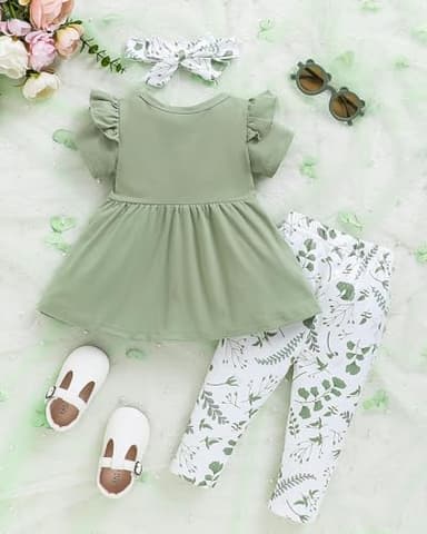 Doresbebe 18-24 Months Baby Girl Clothes Toddler Girl Outfits Floral Shirt Pants Infant Spring Summer Little Clothes Green - Image 4