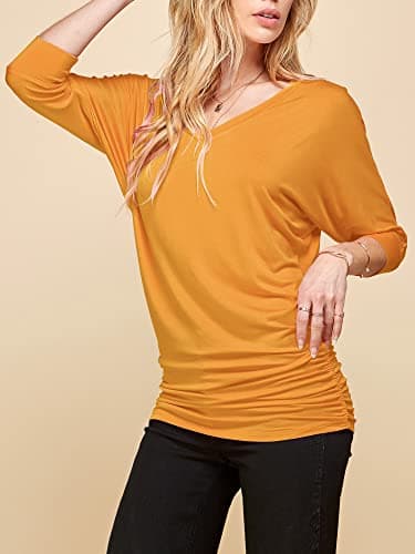 Made By Johnny MBJ WT1036 Womens V Neck 3/4 Sleeve Dolman Top with Side Shirring S Mustard - Image 3