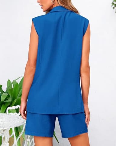 BTFBM Womens Blazer Vest Shorts Sets Lapel Neck Casual Sleeveless Button Down Office Summer 2 Piece Lounge Matching Sets(Solid Royal Blue, X-Large) - Image 8