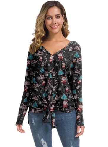 IWOLLENCE Women's Santa Waffle Knit Batwing Long Sleeve Henley Blouse Tie Front Knot Button Down Tops Loose Tunic Shirt Black Christmas Tree, M - Image 2