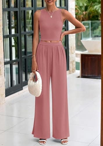 PRETTYGARDEN Spring Two Piece Sets For Women 2025 Ribbed Knit Crew Neck Sleeveless Tank Tops Wide Leg Pants Casual Lounge Set (Dusty Pink,Large) - Image 3