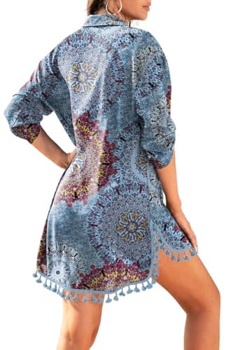 Yincro Women Swimsuit Cover Up Shirt 2025 Tassel Beach Bathing Suit for Swimwear Bikini Dress(Flower Mix Blue, 2XL) - Image 2