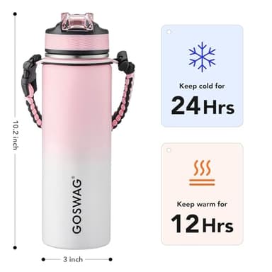 GOSWAG Insulated Sports Water Bottle, 24oz 2 Lids(with Straw/No Straw), Stainless Steel Water Bottles with Paracord Handle, Insulated Bottle with Double-Wall Vacuum Insulation - Image 2