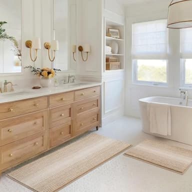 BSICPRO Bathroom Rugs and Mats Sets, 2 Piece Thick Absorbent Chenille Bath Mat Rug Set Non Slip, Soft Shaggy Bath Floor Mats for Bathroom, Machine Washable (20" x 47" Plus 16" x 24", Beige) - Image 1