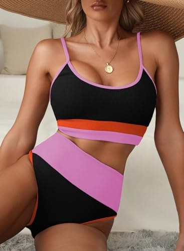 Herseas Women Bikini Color Block Striped Knit Ribbed 2 Piece High Waisted Swimsuit Sporty Tummy Control Bathing Suits Black Pink Colorblock Medium 8 10 - Image 4
