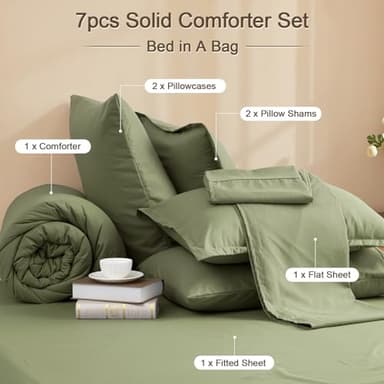 PHF 7 Pieces California King Comforter Set, Lightweight Bed in A Bag & 18" Sheet Set for All Season, Ultra Soft Cozy Bedding with Comforter, Sheets, Pillowcases & Shams, Olive Green - Image 5