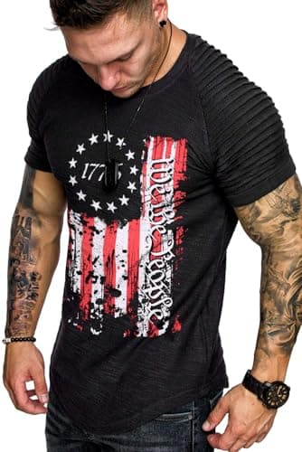 COOFANDY Mens Crew Neck T-Shirt Short Sleeve Summer Tshirt American Flag 1776 Tee - Image 1