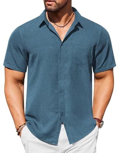 COOFANDY Shirts for Men Linen Shirts Short Sleeve Button Up Business Casual Shirts Summer Shirts Grey Blue - Image 1