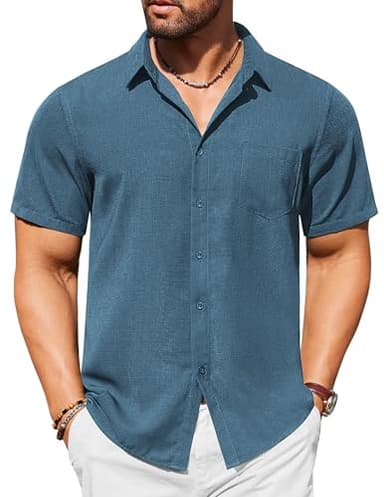 COOFANDY Shirts for Men Linen Shirts Short Sleeve Button Up Business Casual Shirts Summer Shirts Grey Blue - Image 1