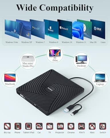 PeroBuno External CD DVD Drive, USB 3.0 Type-C Optical Drive, 0.5-inch Ultra-Slim Portable DVD CD ROM Disc Player Reader Writer Rewriter Burner Recorder for Laptop PC MacBook Windows Linux Mac OS - Image 6