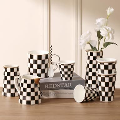 Porlien Checker Porcelain Cup Set of 4 (2 of 6-ounce Coffee Mugs and 2 of 13-ounce Cups) for Coffee Tea Cappucino, Handless Ceramic Mugs for Family - Image 6