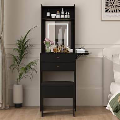 ARTETHYS Small Vanity Desk Set with 3 Adjustable Lighted Mirror and Storage Chair Mini Black Makeup Vanities Set for Bedroom Compact Make up Dressing Table with Fold-up Panel for Tiny Space - Image 2