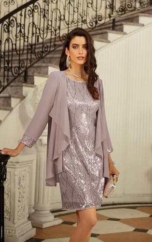 GRACE KARIN Women's Wedding Guest Dresses 2 Piece Slim Fit Mini Dress Gray Purple M - Image 5