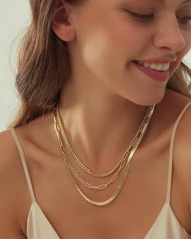 Dodder Gold Layered Necklaces for Women, 14K Gold Plated Dainty Chain Choker Stack, Herringbone Necklaces Set Jewelry for Women - Image 2